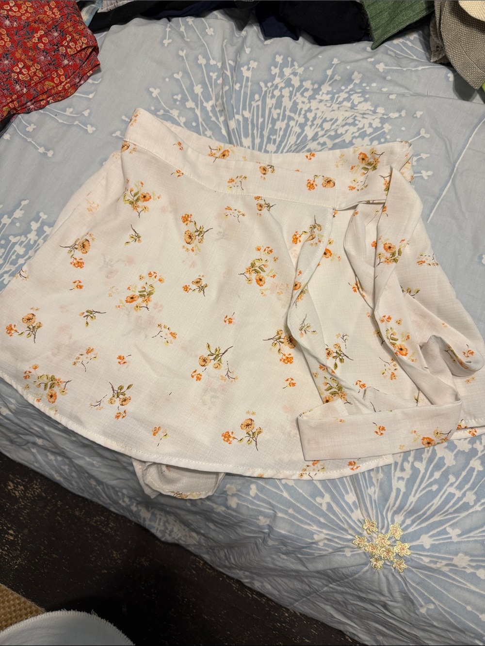 Altar'd State White Mini Skirt with Orange Floral Print and Side Tie